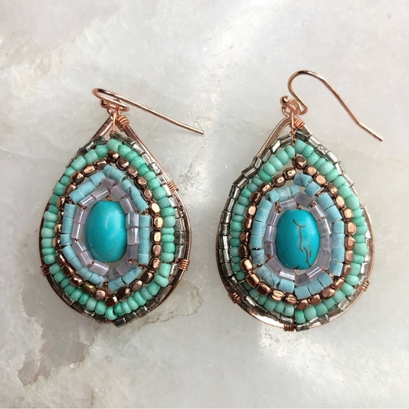 GORGEOUS handmade rose gold and turquoise beaded earrings - Picture 1 of 3